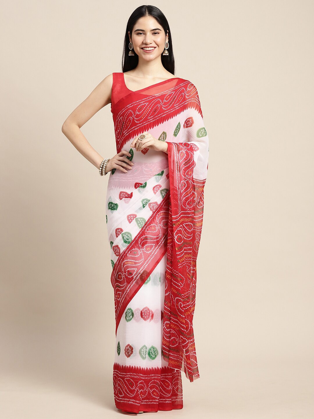 Saree Mall White & Red Printed Bandhani Sarees - Distacart