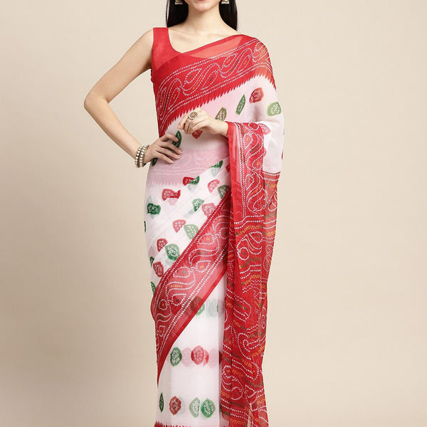 Saree Mall White & Red Printed Bandhani Sarees - Distacart