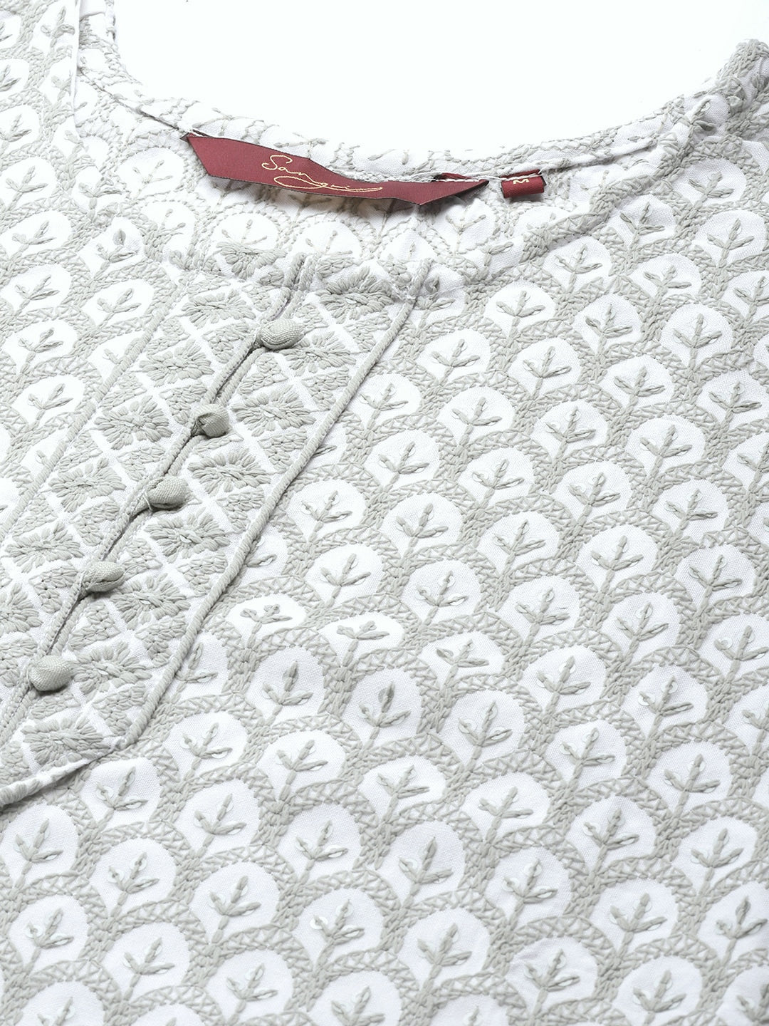 Sangria Women Grey & White Ethnic Motifs Embroidered Thread Work Kurta - Distacart