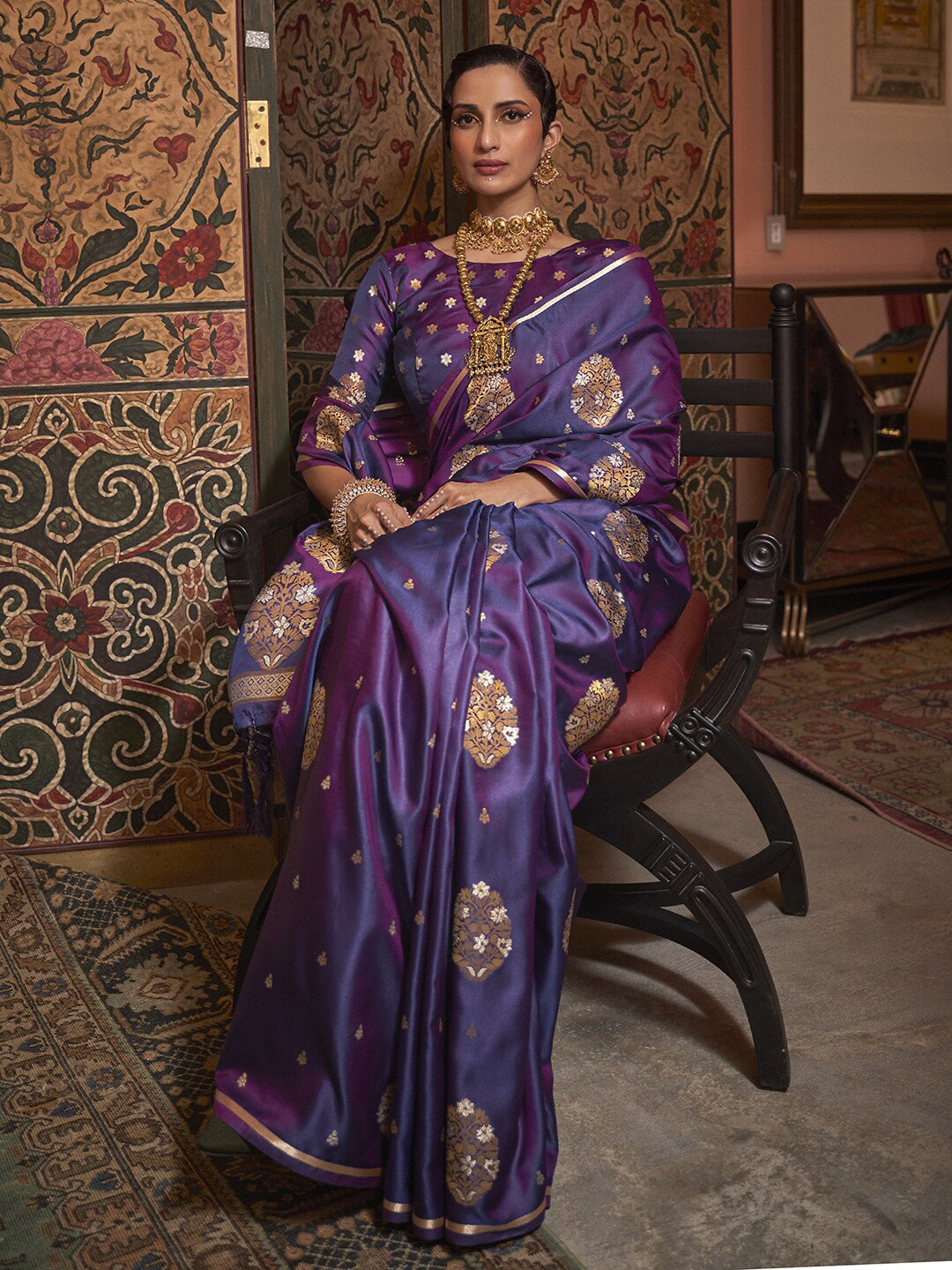 Mitera Purple & Brown Floral Zari Silk Blend Banarasi Saree - Distacart