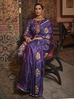 Thumbnail for Mitera Purple & Brown Floral Zari Silk Blend Banarasi Saree - Distacart