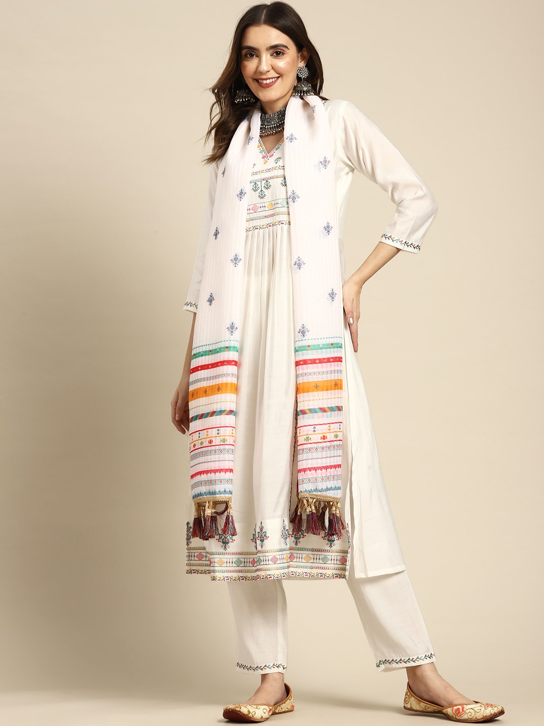 Sangria Ethnic Motifs Yoke Design Regular Thread Work Kurta with Trousers & With Dupatta - Distacart