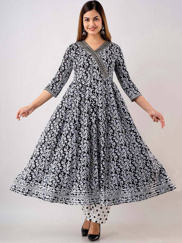 Kalini Women Floral Printed Angrakha Pure Cotton Kurta with Trousers & With Dupatta - Distacart