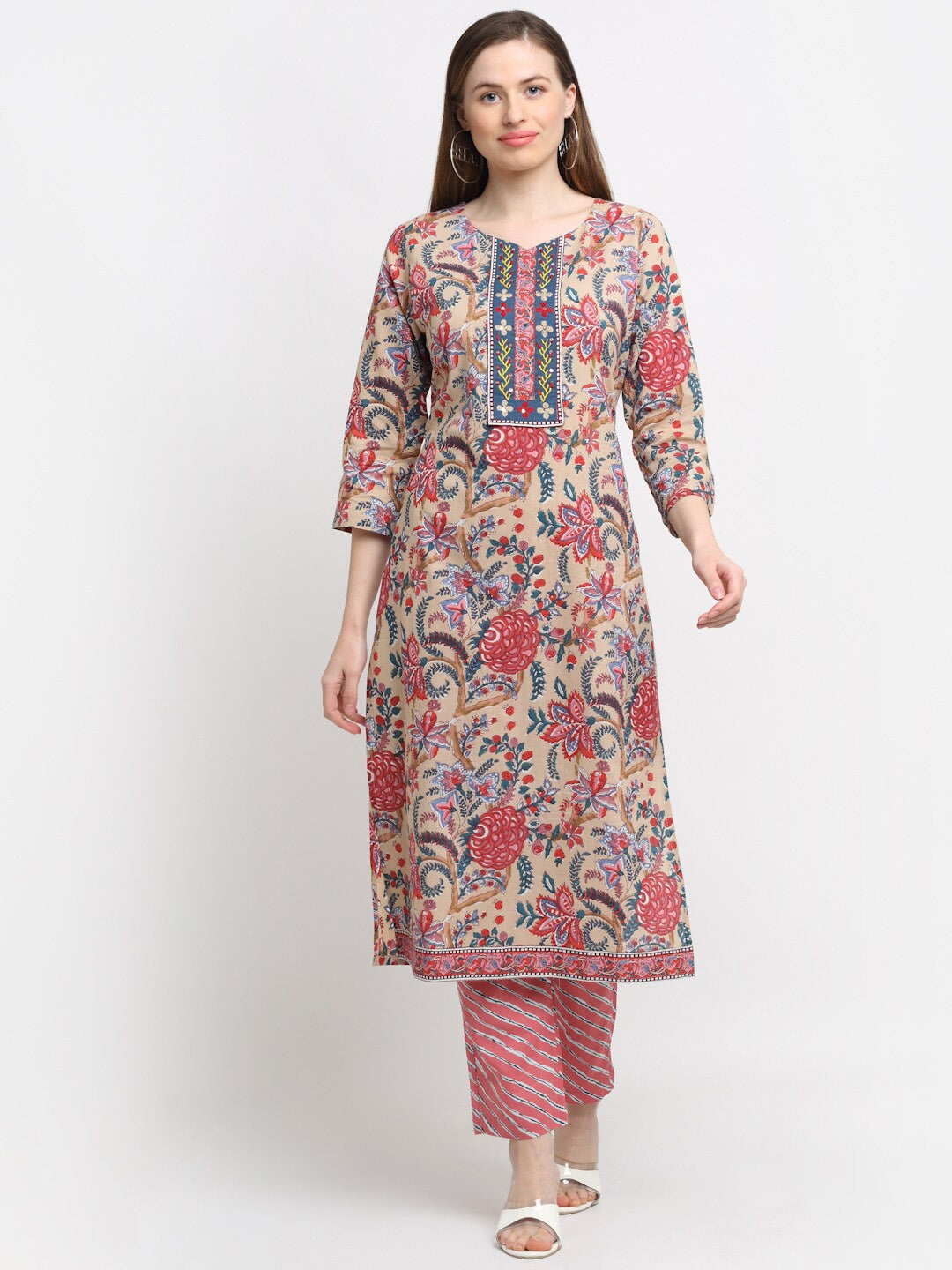 Kalini Women Floral Printed Thread Work Pure Cotton Kurta with Trousers & With Dupatta - Distacart