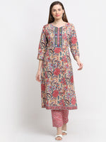 Thumbnail for Kalini Women Floral Printed Thread Work Pure Cotton Kurta with Trousers & With Dupatta - Distacart