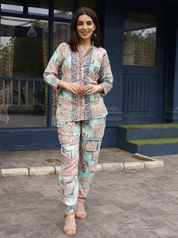 Pink & Blue Rayon Paisley Printed Top with Matching Bottom - Eesha - Distacart