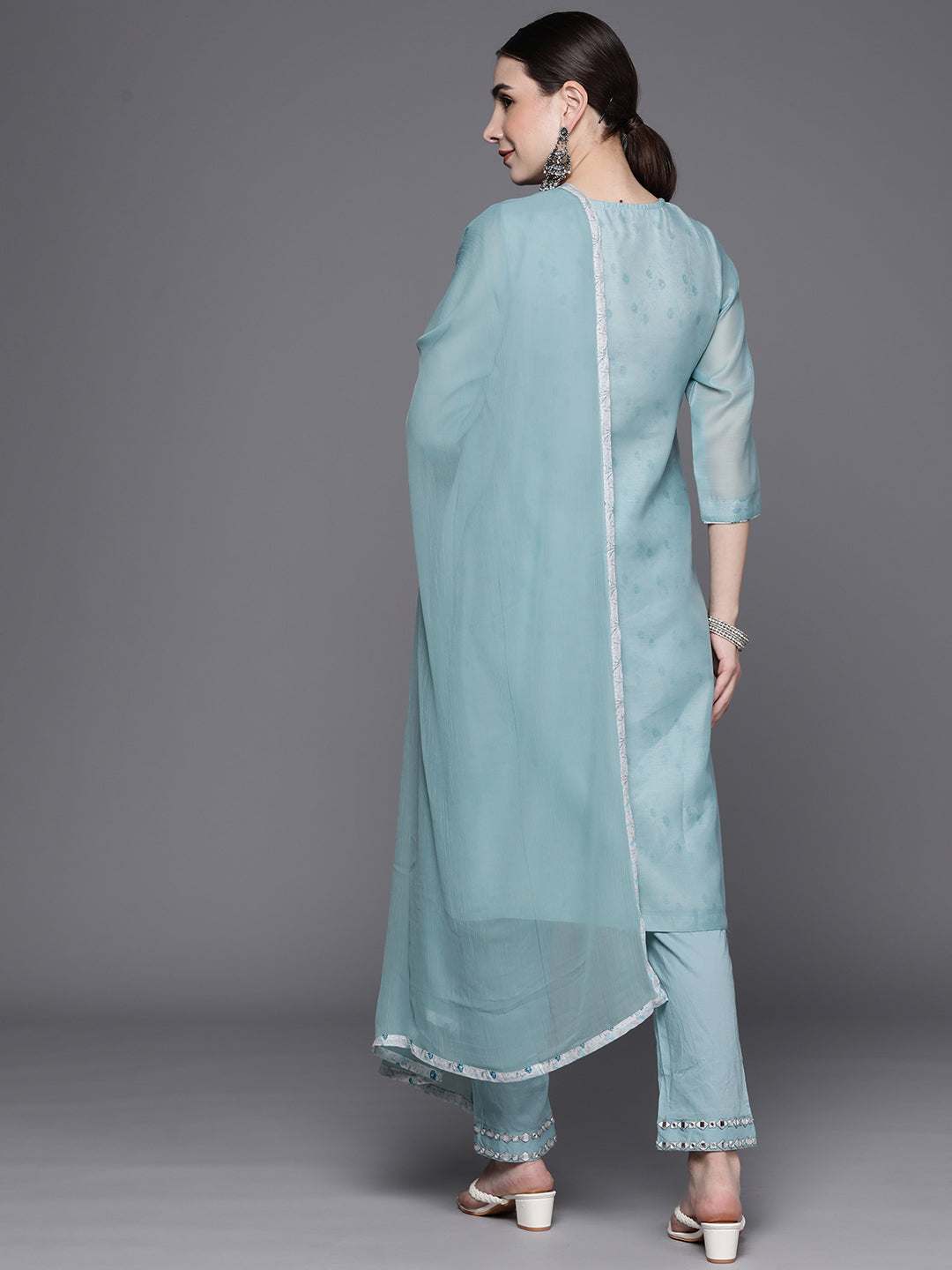 Biba Women Blue Ethnic Motifs Yoke Design Kurta with Trousers & Dupatta - Distacart