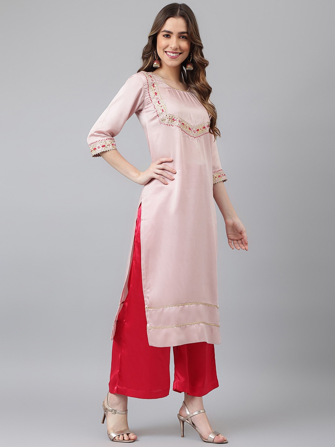 Khushal K Women Pink Floral Embroidered Sequinned Kurta with Palazzos & Dupatta - Distacart