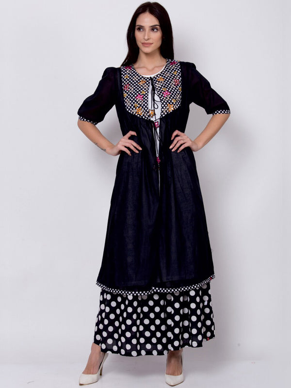 Biba Women Black & White Embroidered A-Line Kurta With Jacket - Distacart