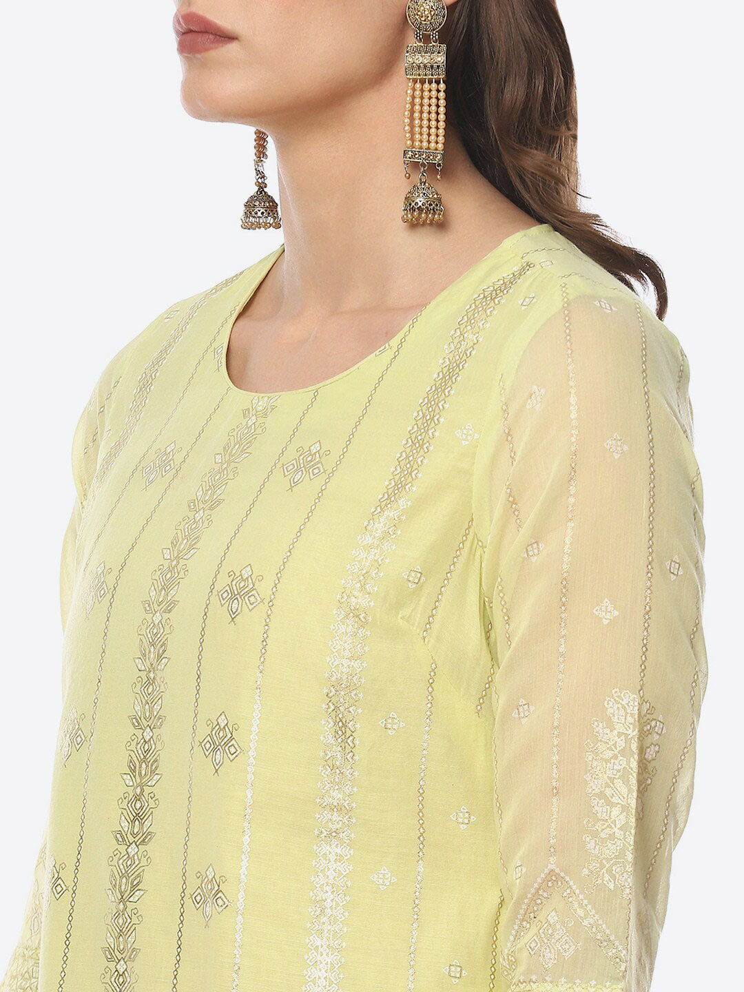 Biba Women Ethnic Motifs Foil Print Chanderi Cotton Straight Fit Kurta - Distacart