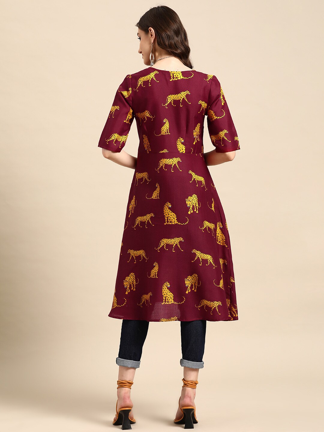 Sangria Animal Print Angrakha Kurta - Distacart