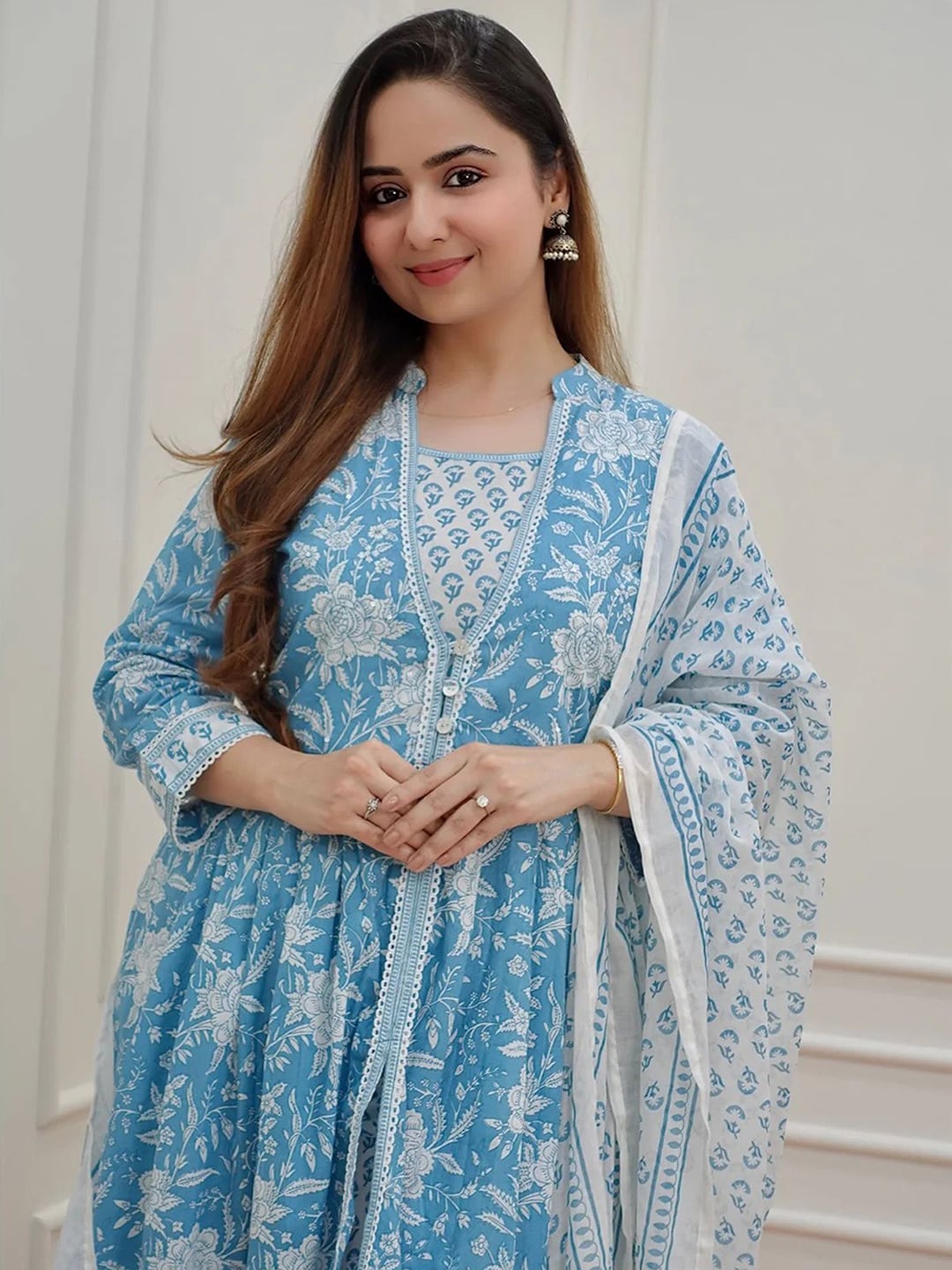 Kalini Floral Printed Sequinned Pure Cotton Kurta & Trousers With Dupatta - Distacart