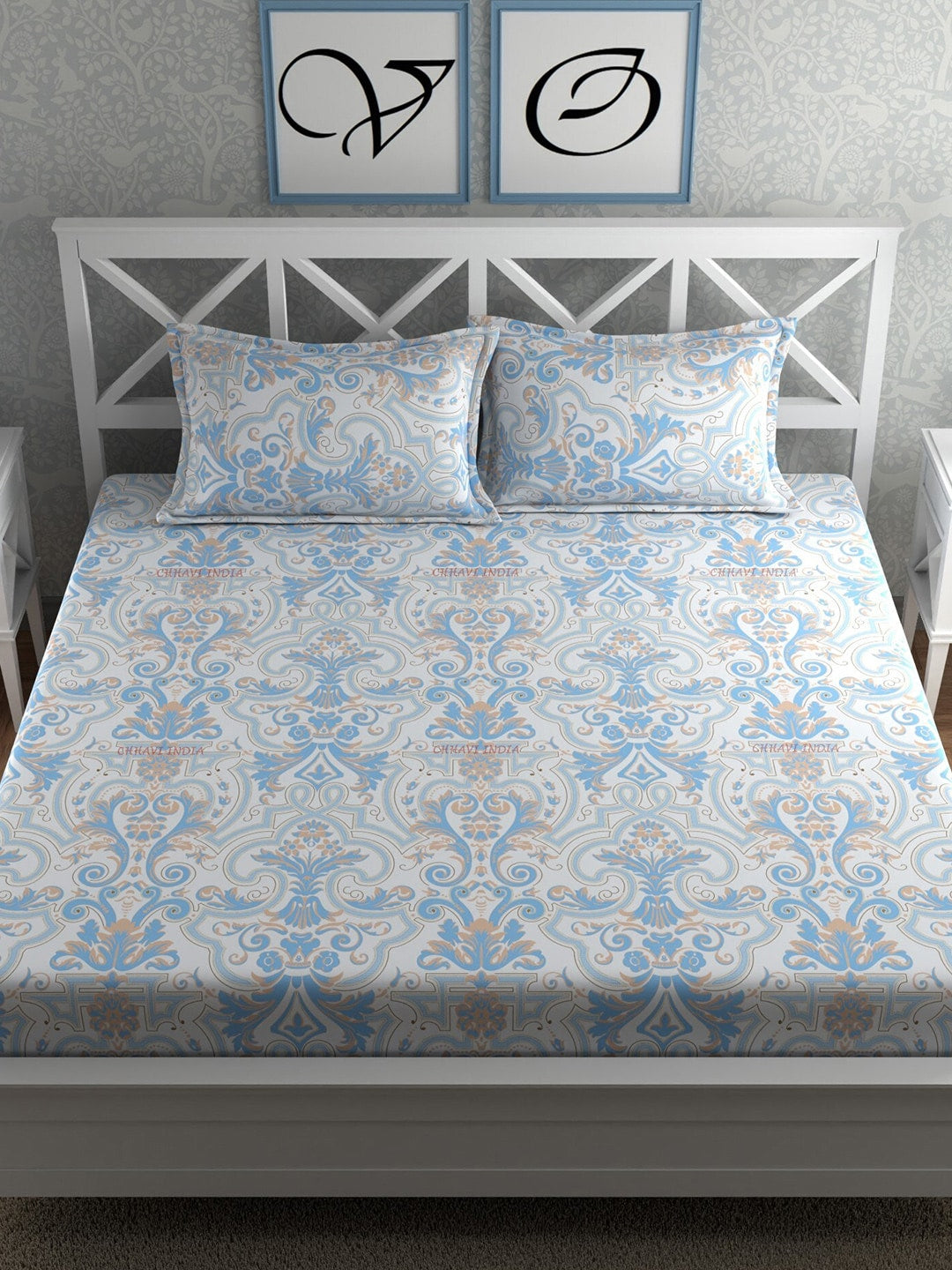 CHHAVI INDIA Blue & White Ethnic Motifs 210 TC King Bedsheet with 2 Pillow Covers - Distacart