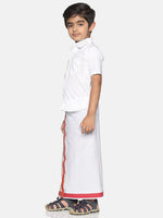 Thumbnail for Sethukrishna White Pure Cotton Solid Shirt and Veshti Set For Boys - Distacart