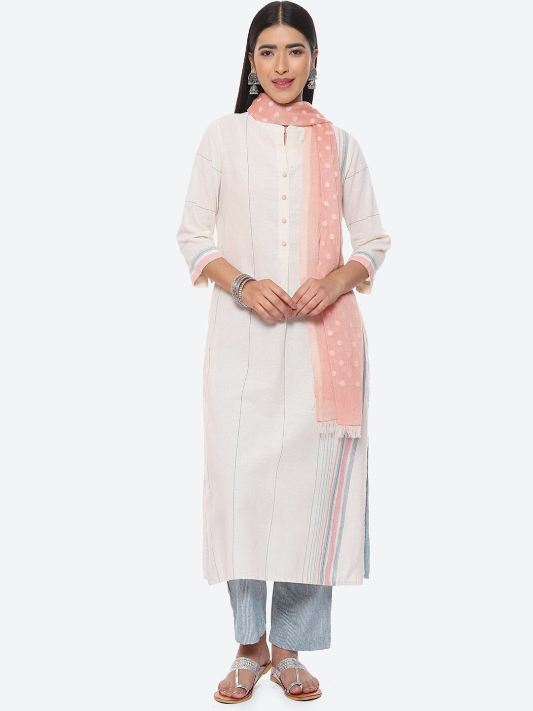 Biba Striped Panelled Kurta with Trousers & Dupatta - Distacart