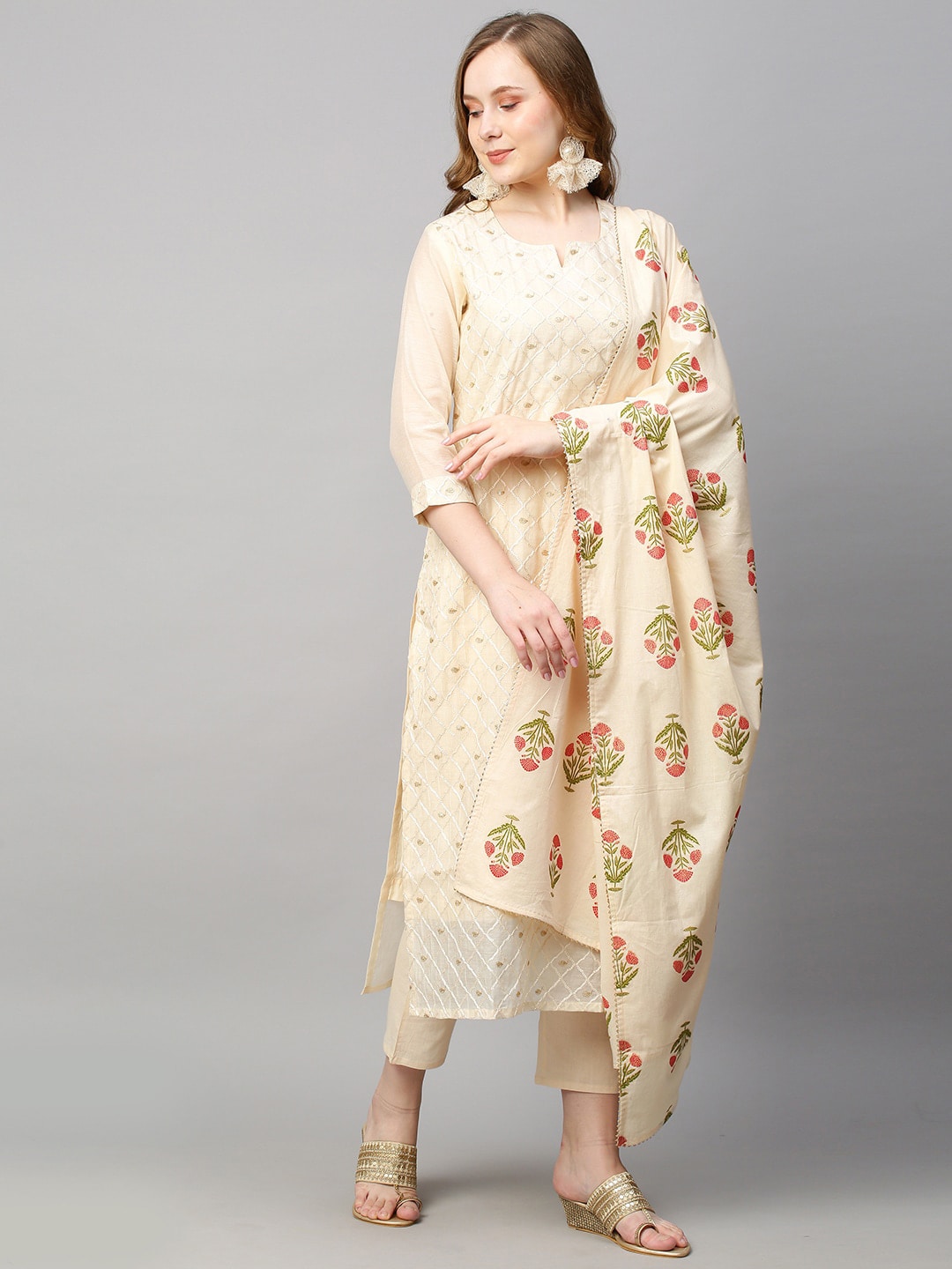 Kalini Women Cream-Coloured Floral Printed Straight Kurta with Trousers & With Dupatta - Distacart