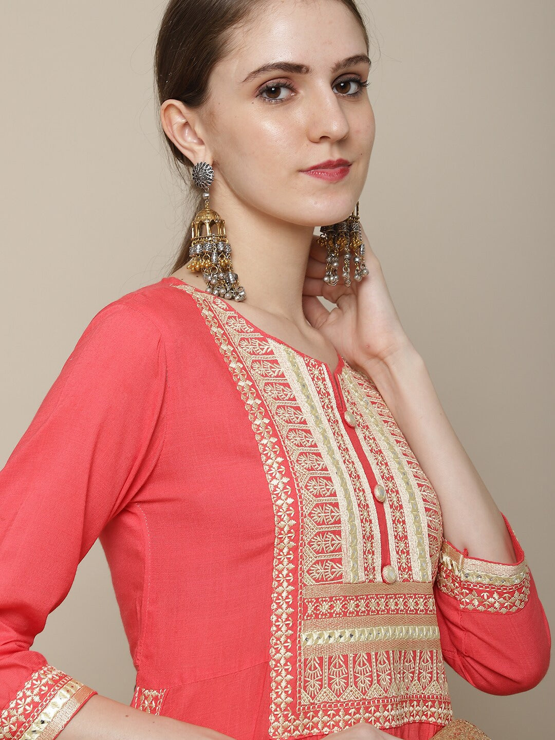 Sangria Women Coral Ethnic Motifs Yoke Design Kurta - Distacart