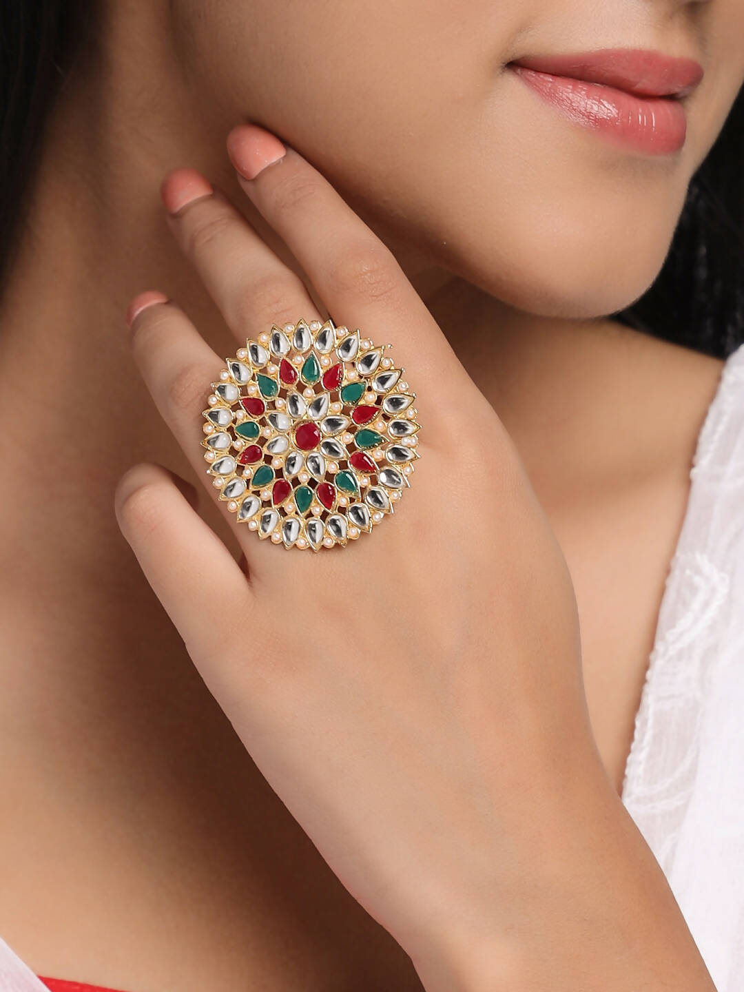 NVR Women's Traditional Ethnic Kundan Meenakari Gold Plated Ajustable Finger Ring - Distacart