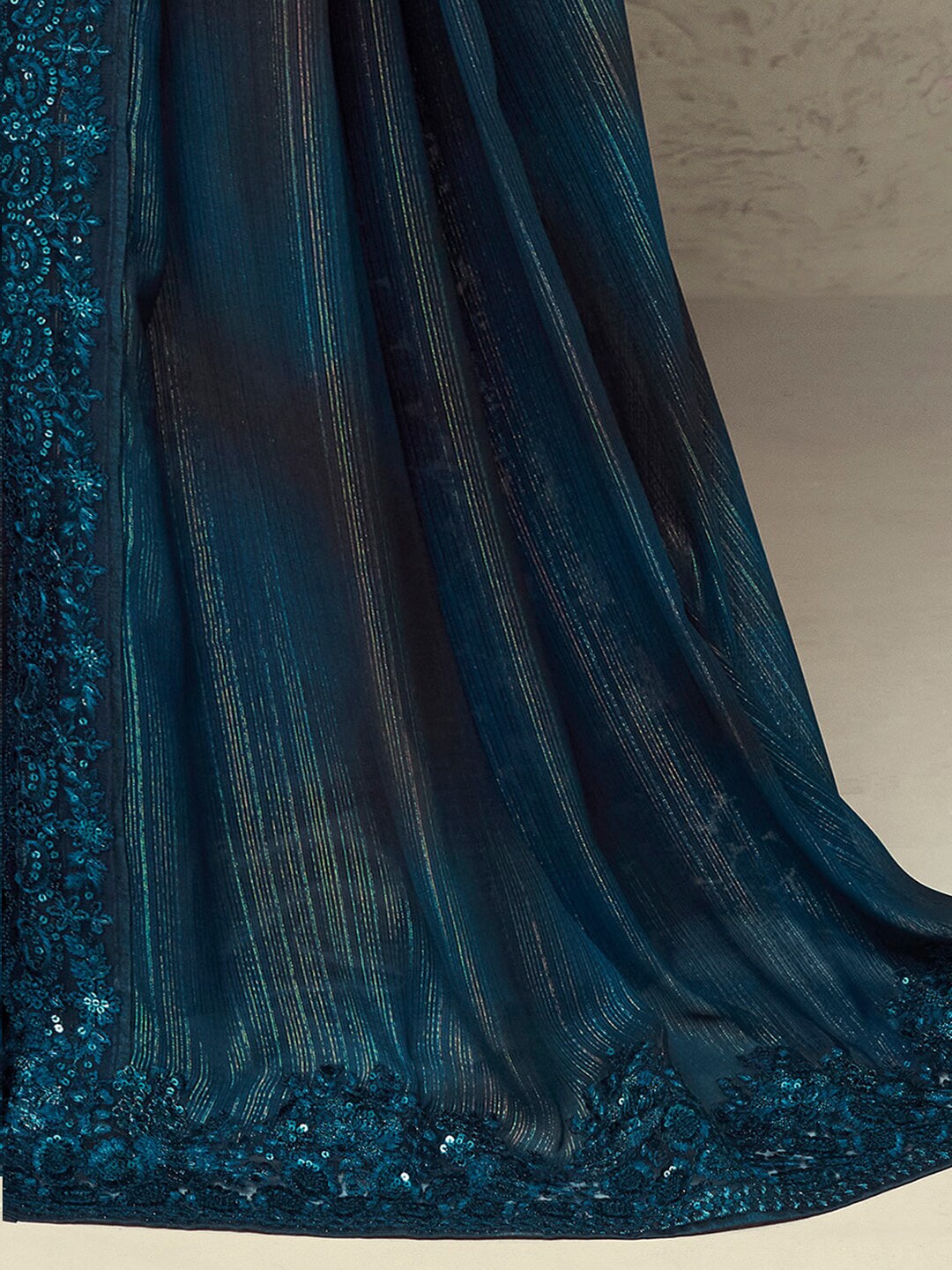 Mitera Teal Striped Embroidered Pure Georgette Saree - Distacart