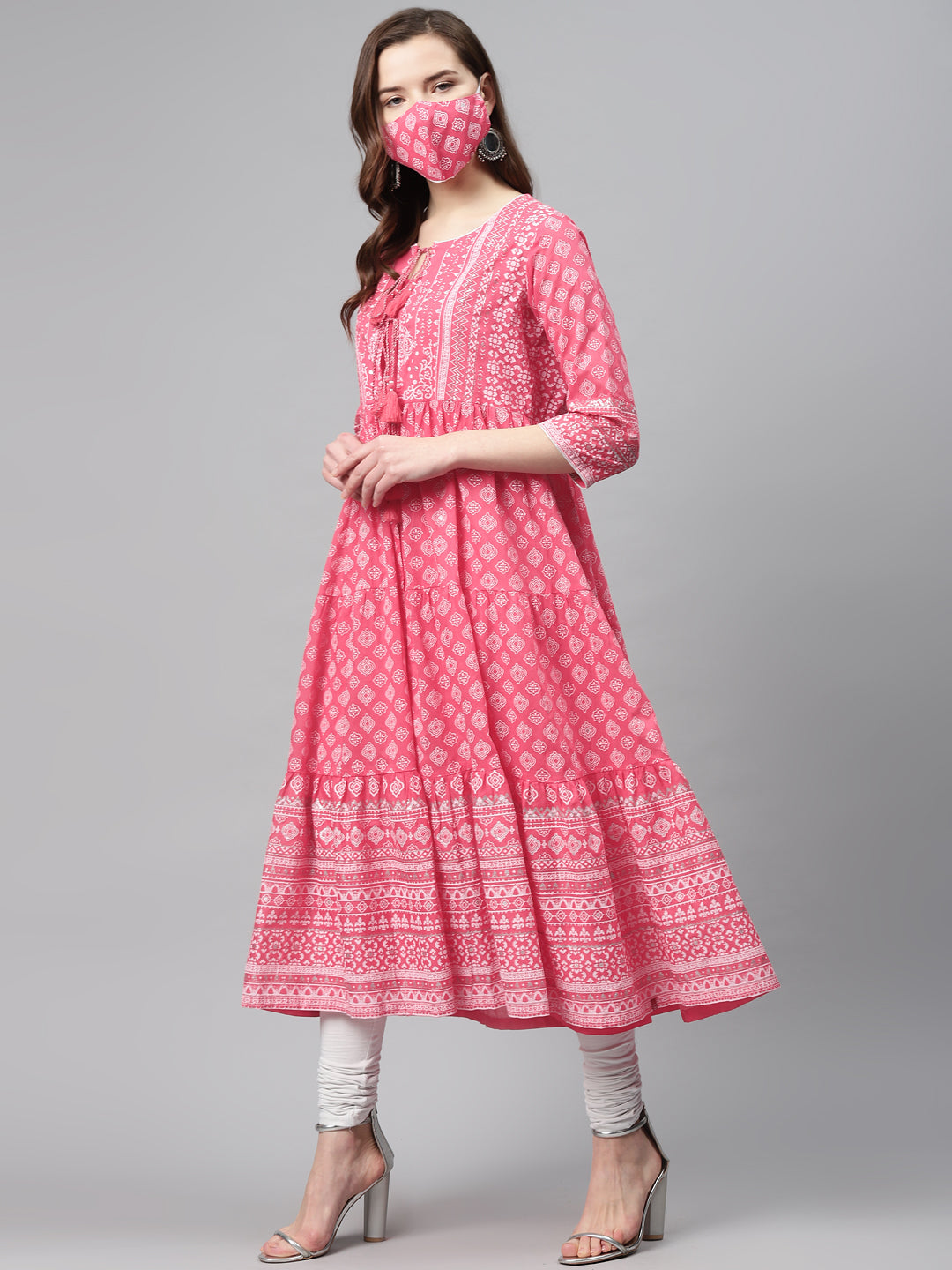 Biba Women Pink & White Printed Pure Cotton Anarkali Kurta & Mask - Distacart