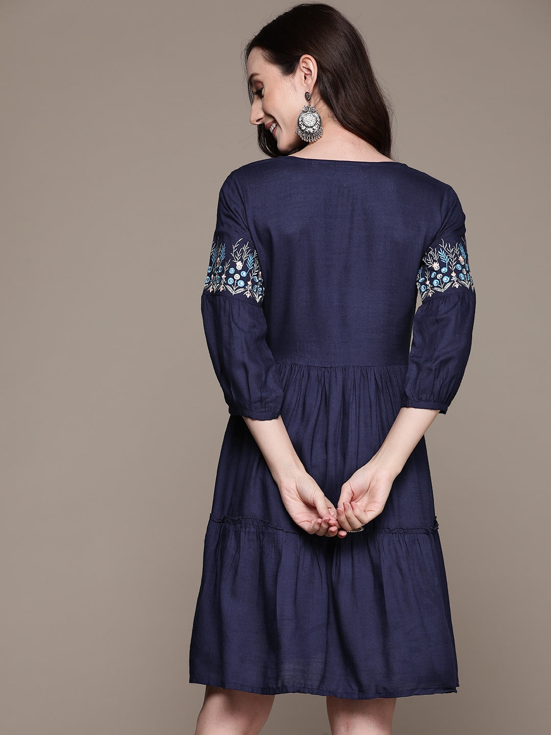 Anubhutee Navy Blue Floral Embroidered Tassel Detail A-Line Dress - Distacart
