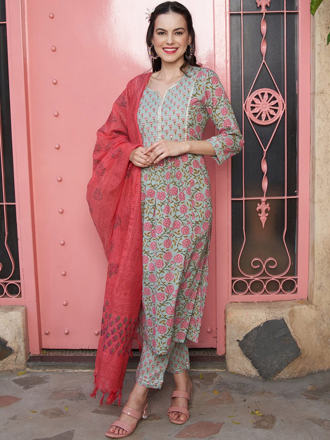 Sangria Sea Green Floral Printed Pure Cotton Kurta with Palazzos & Dupatta - Distacart