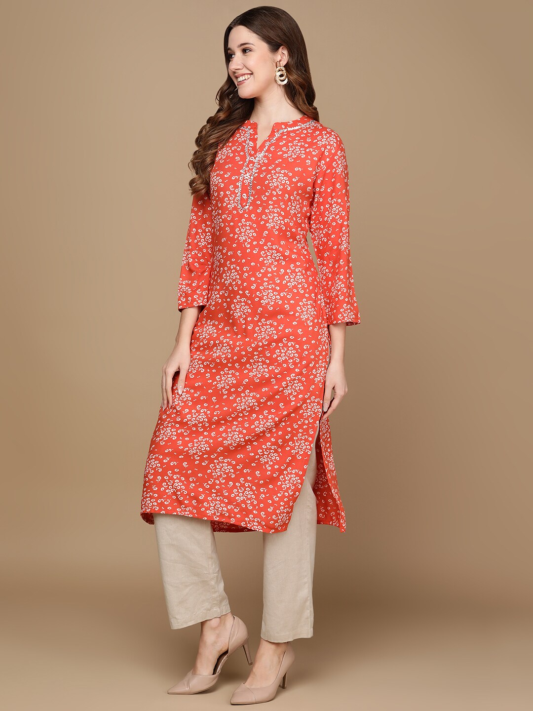 HERE&NOW Rust Orange & White Floral Printed Straight Kurta - Distacart