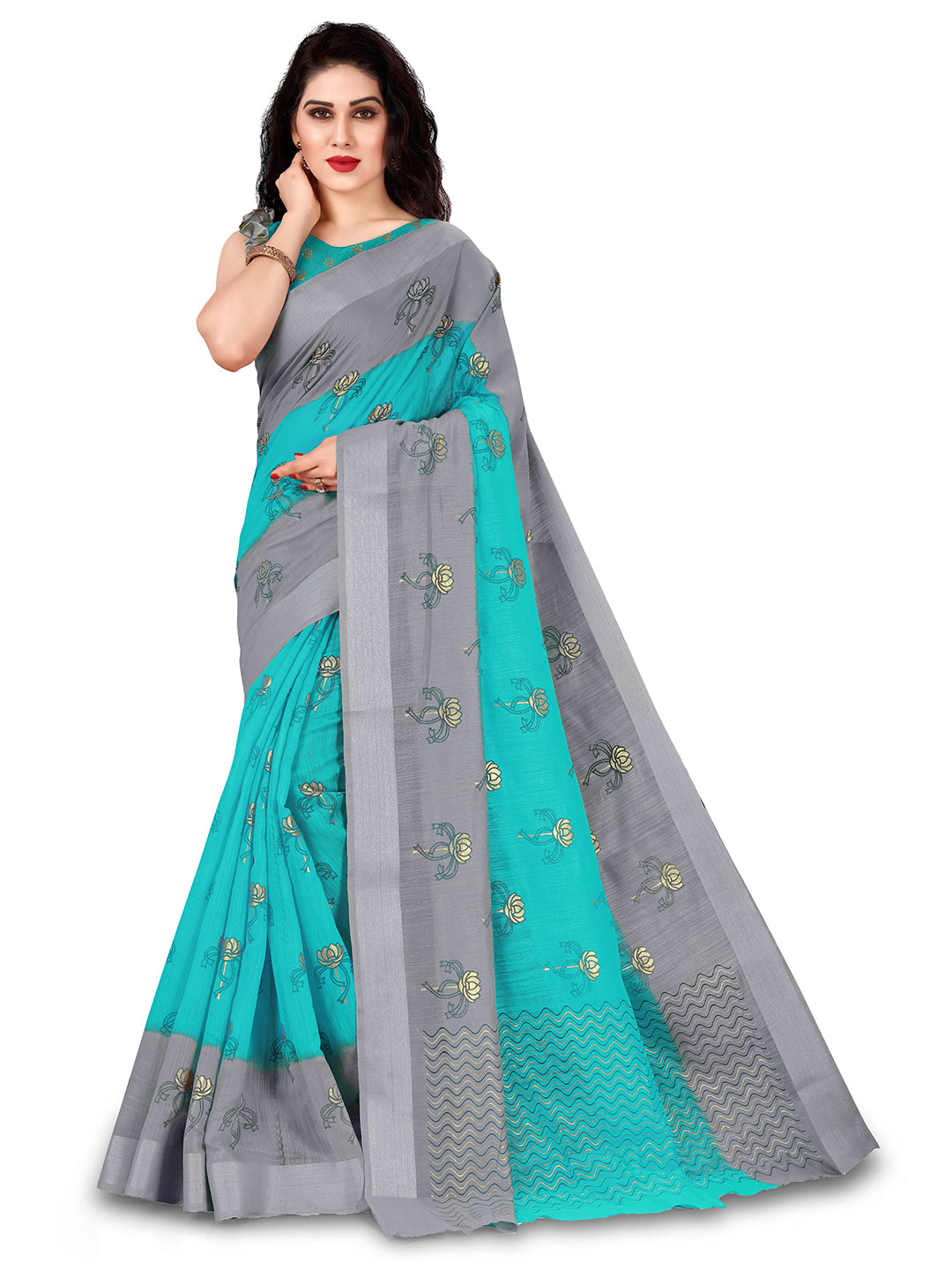 Kalini Turquoise Blue & Grey Floral Printed Designer Saree - Distacart