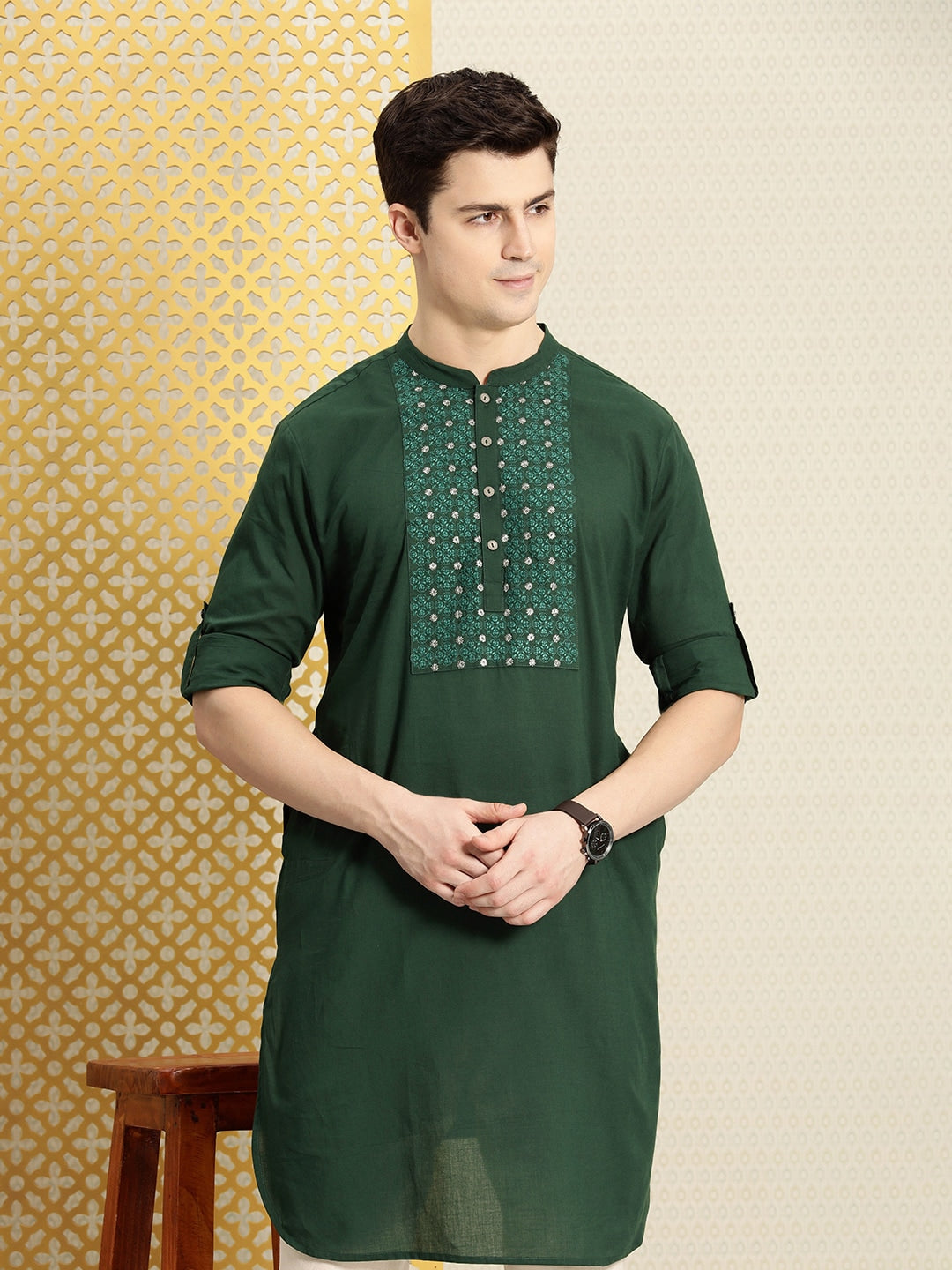 House of Pataudi Men Pure Cotton Ethnic Motifs Embroidered Jashn Kurta - Distacart