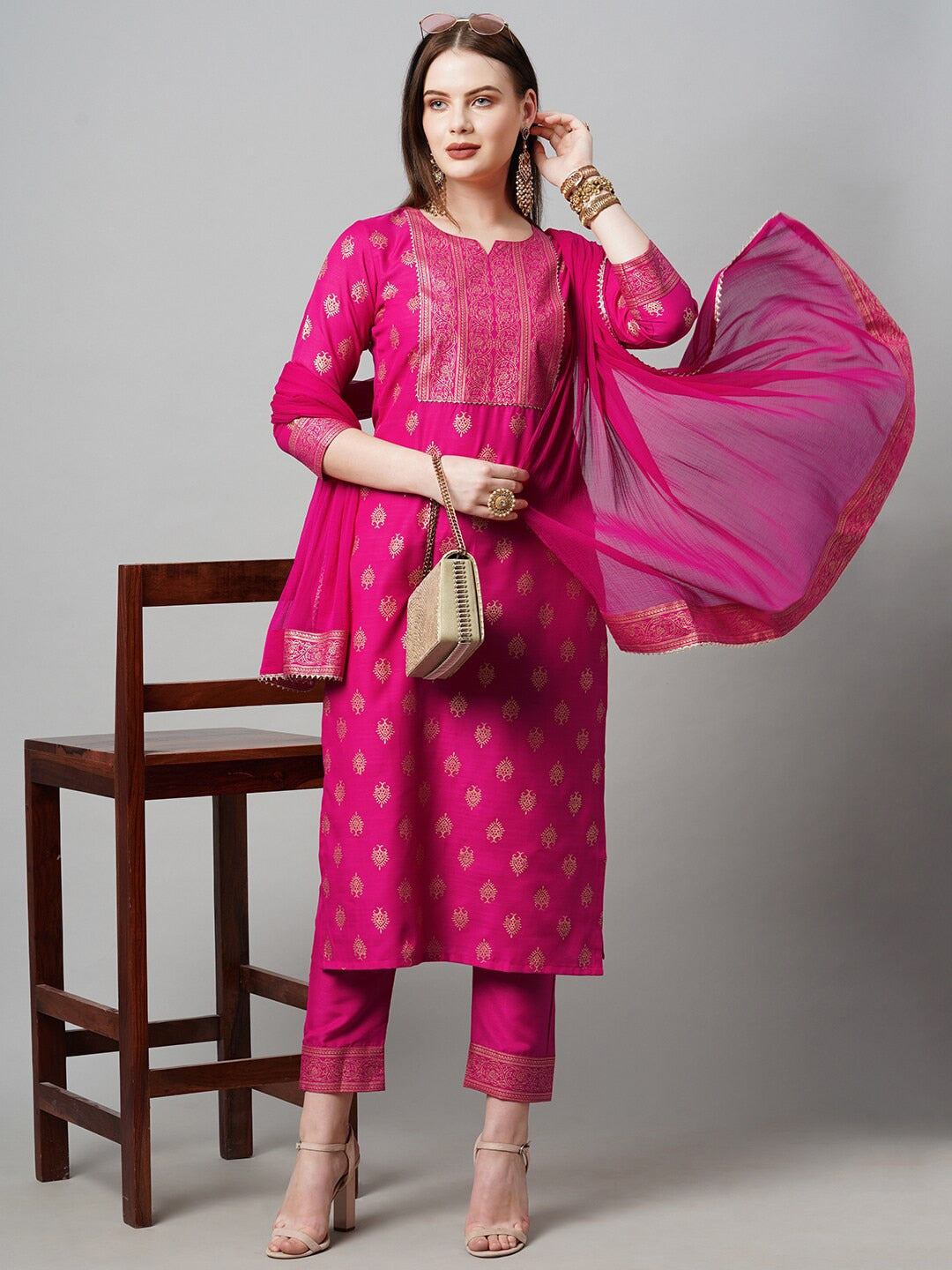 Kalini Women Pink Printed Kurta with Trousers & With Dupatta - Distacart