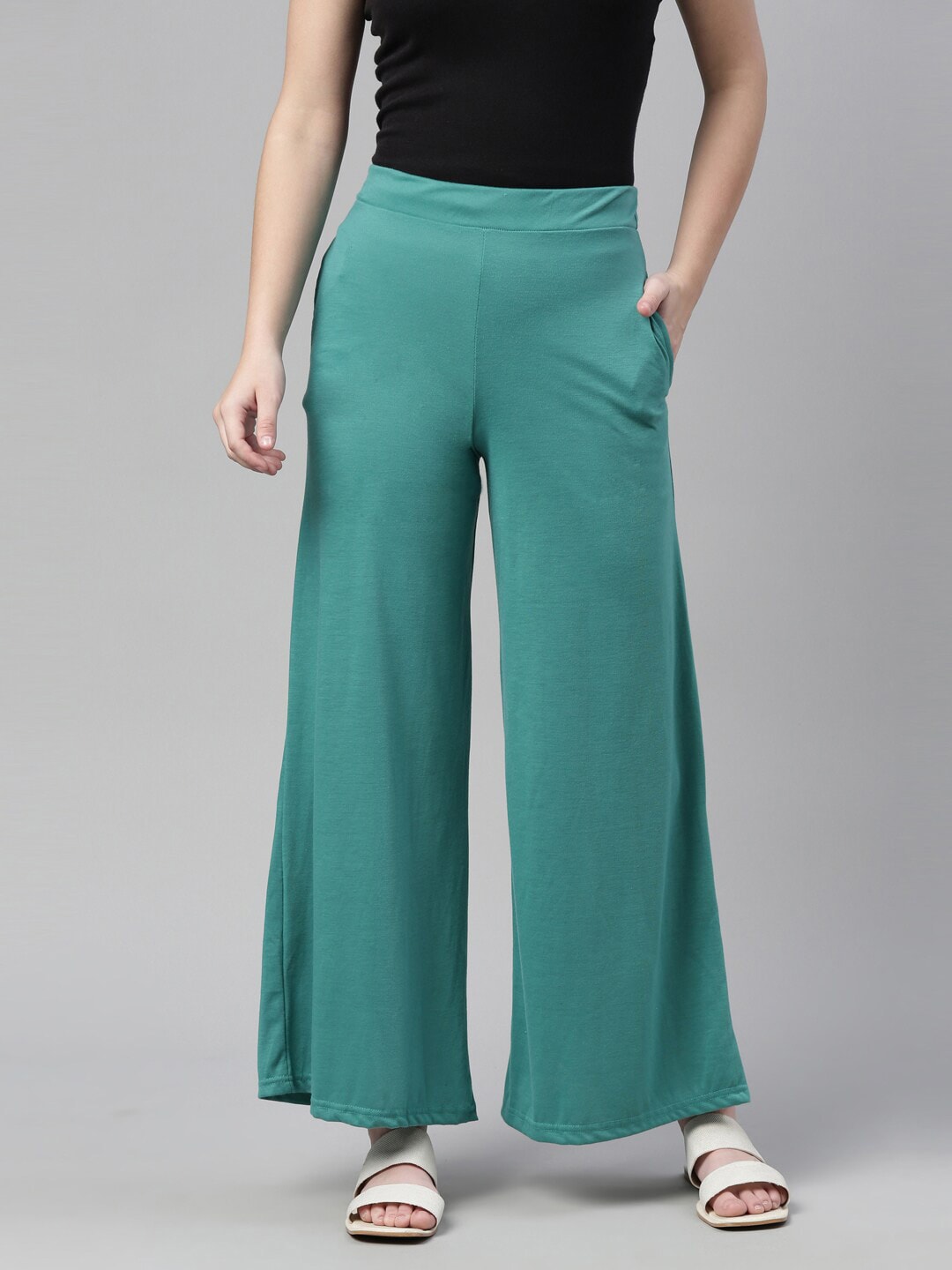 Souchii Turquoise Blue Knitted Palazzos - Distacart