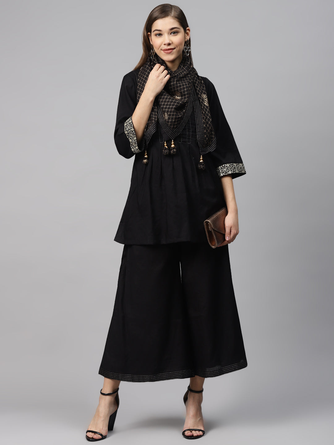 Biba Women Black & Golden Pleated Yoke Design Kurti with Palazzos & Stoles - Distacart