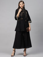 Thumbnail for Biba Women Black & Golden Pleated Yoke Design Kurti with Palazzos & Stoles - Distacart
