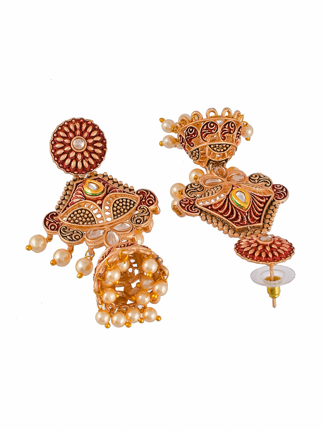 Shoshaa Maroon & Gold-Toned & Plated Contemporary Antique Jhumkas Earrings - Distacart