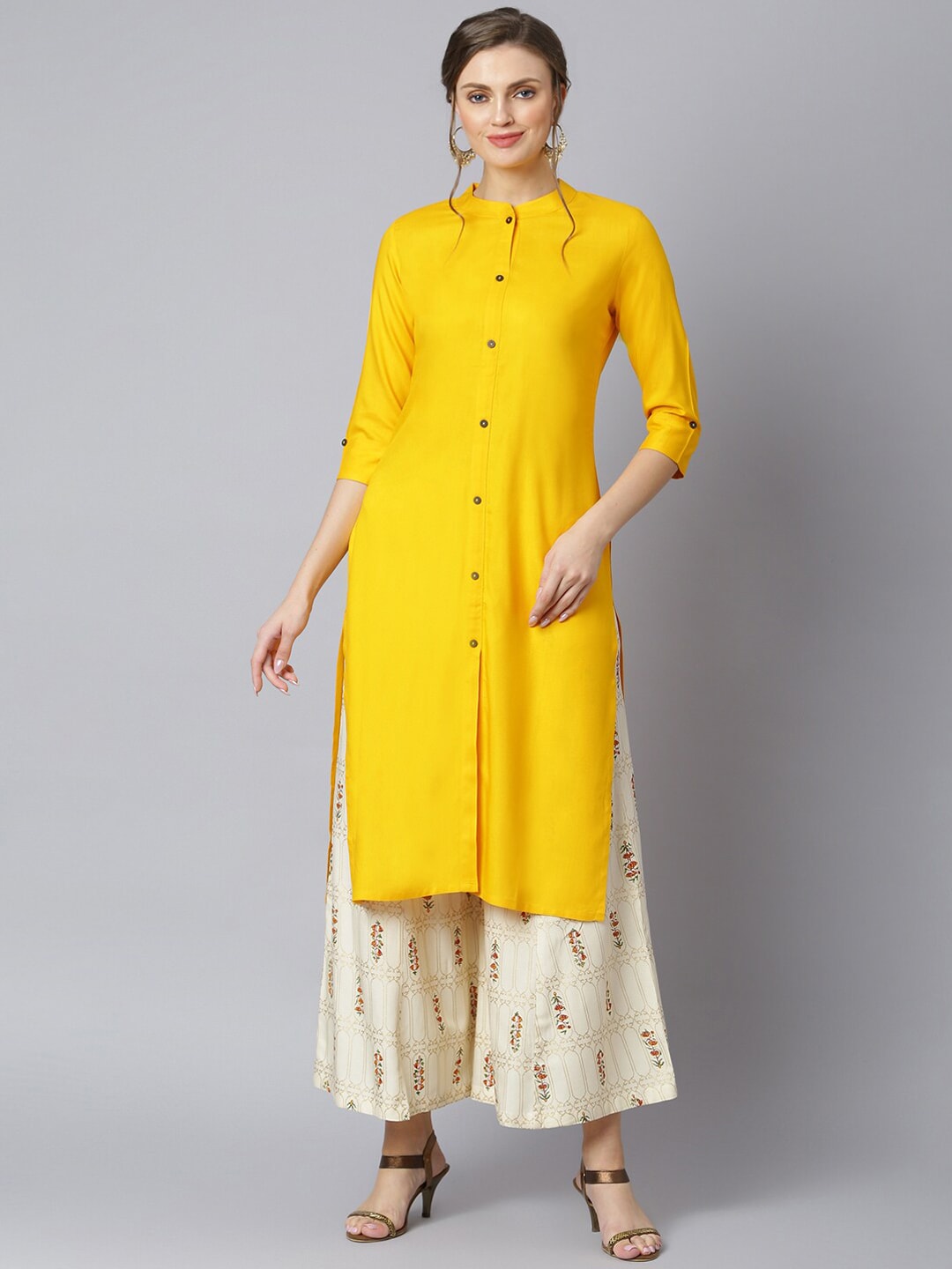 Khushal K Women Yellow Floral Rayon Kurta with Palazzos - Distacart