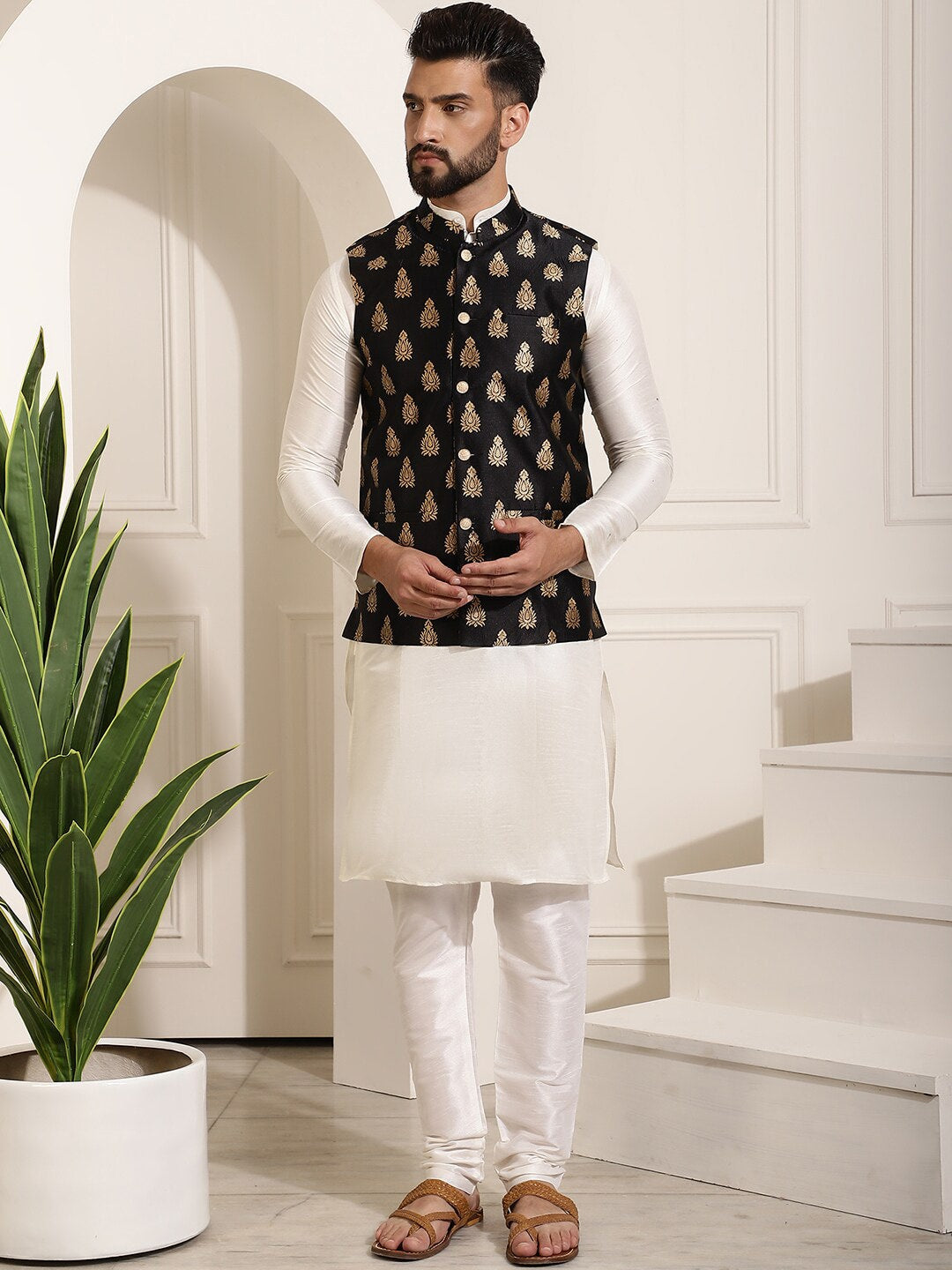 Sojanya Band Collar Straight Kurta & Churidar with Nehru jacket - Distacart