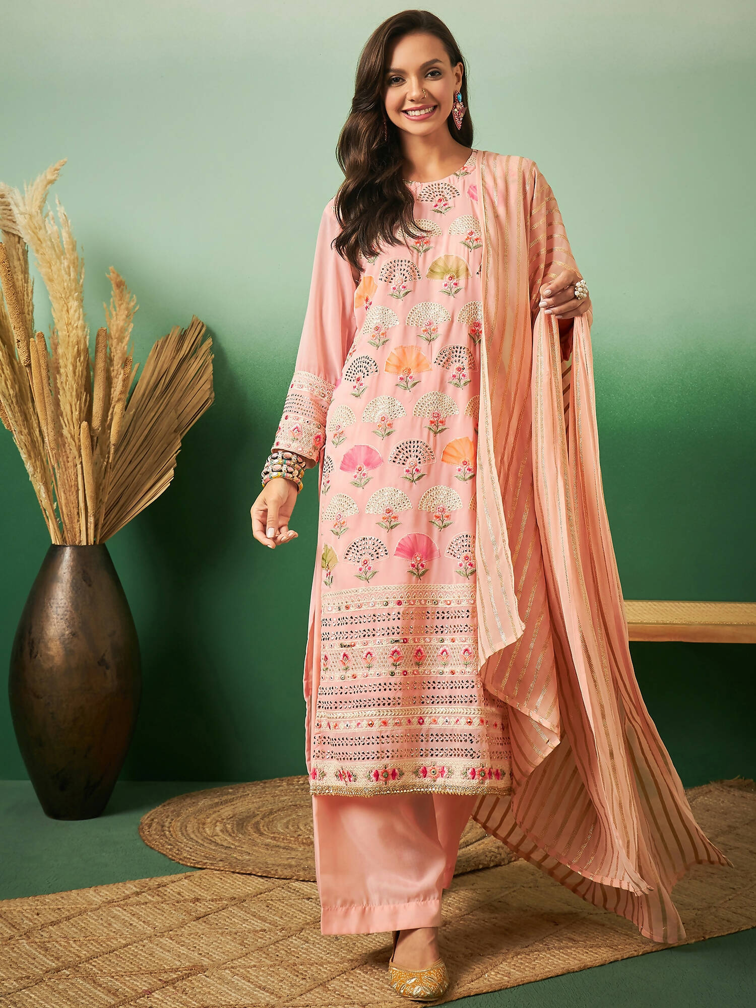 Peach Georgette Handwork Unstitched Dress Material - Hanika - Distacart