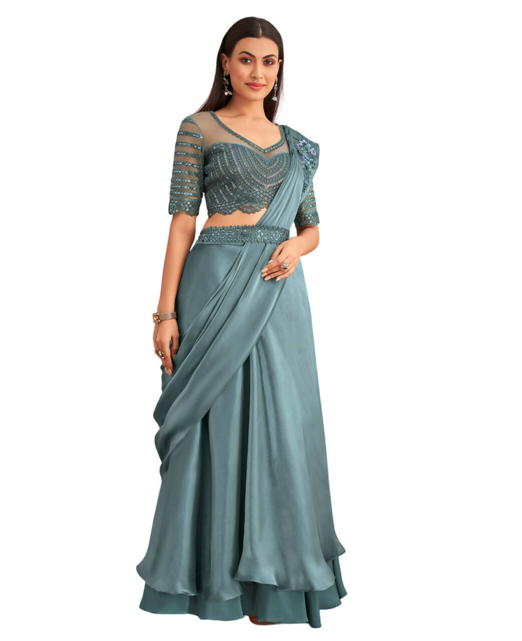 Blue Satin Embroidered Ready To Wear Saree With Unstitched Blouse Piece - Nandika - Distacart
