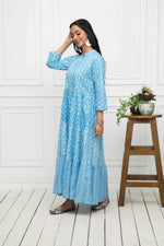 Thumbnail for Myshka Women Blue Floral Cotton A-Line Mandarin Collar Long Dress - Distacart