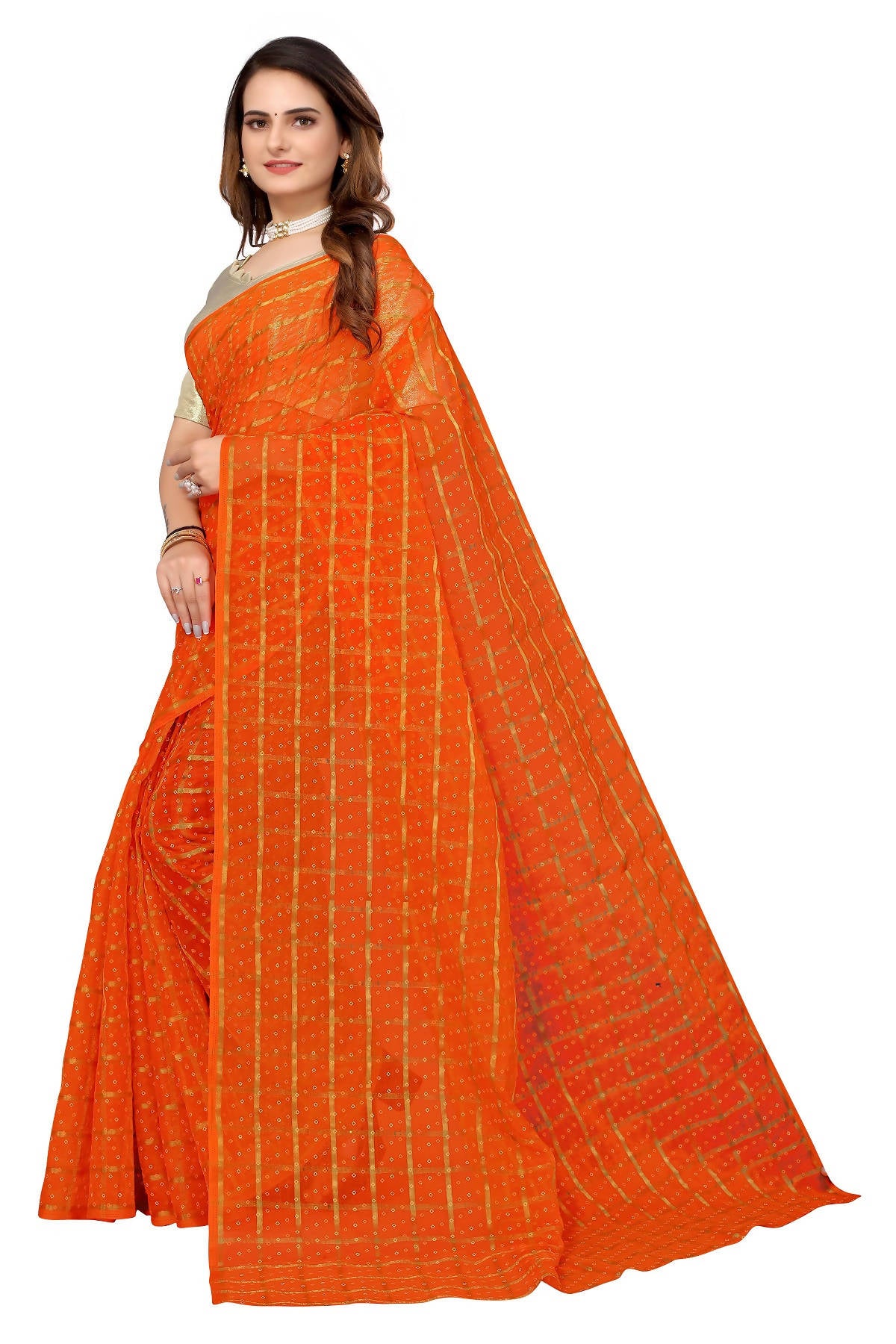 Vamika Ethnic Fire Orange Jari Work Chiffon Saree - Distacart