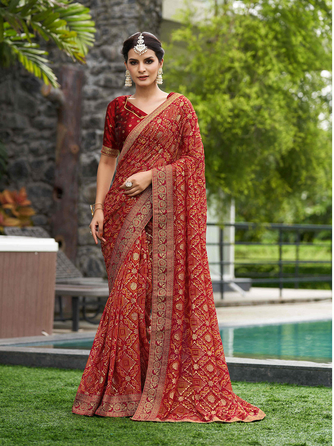 Mitera Red & Gold-Toned Ethnic Motifs Printed Pure Georgette Saree - Distacart