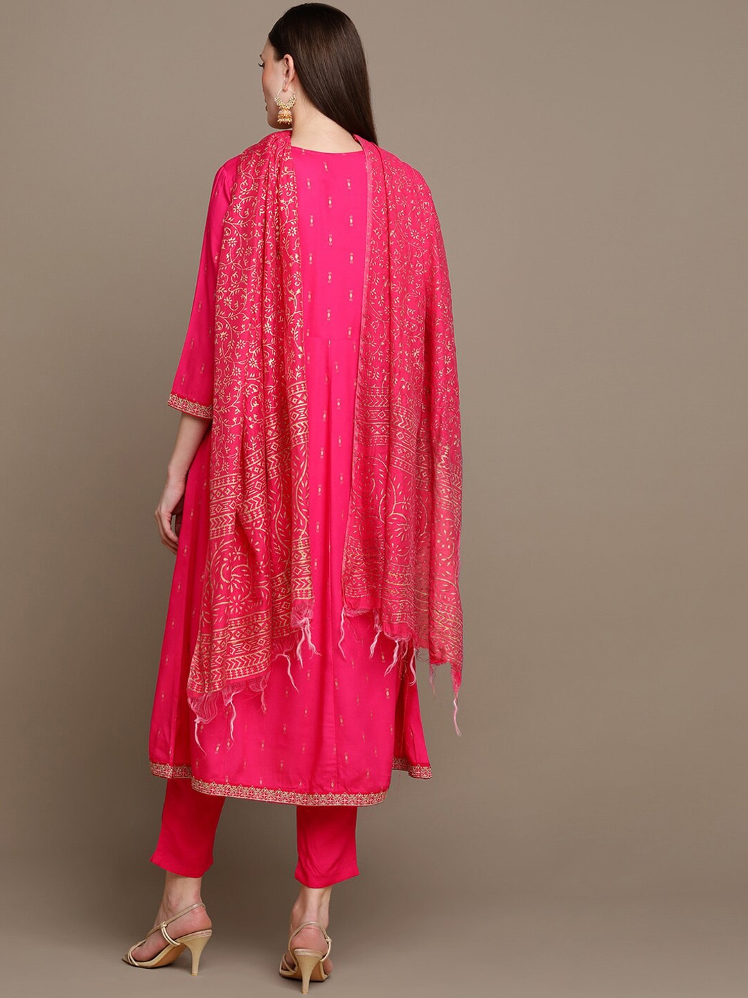 HERE&NOW Ethnic Motifs Printed Thread Work Angrakha Kurta with Palazzos & Dupatta - Distacart