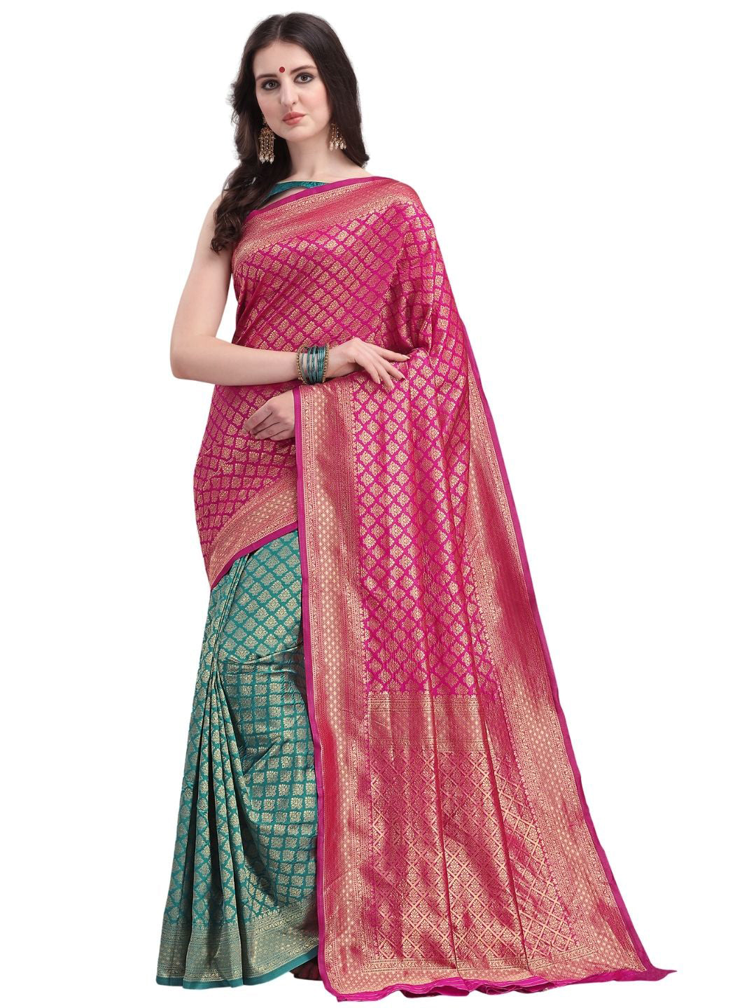Kalini Green & Pink Ethnic Motifs Zari Silk Blend Half and Half Kanjeevaram Saree - Distacart