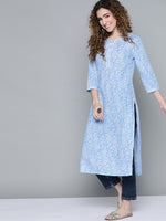 Thumbnail for HERE&NOW Women Blue & White Paisley Printed Cotton Kurta - Distacart