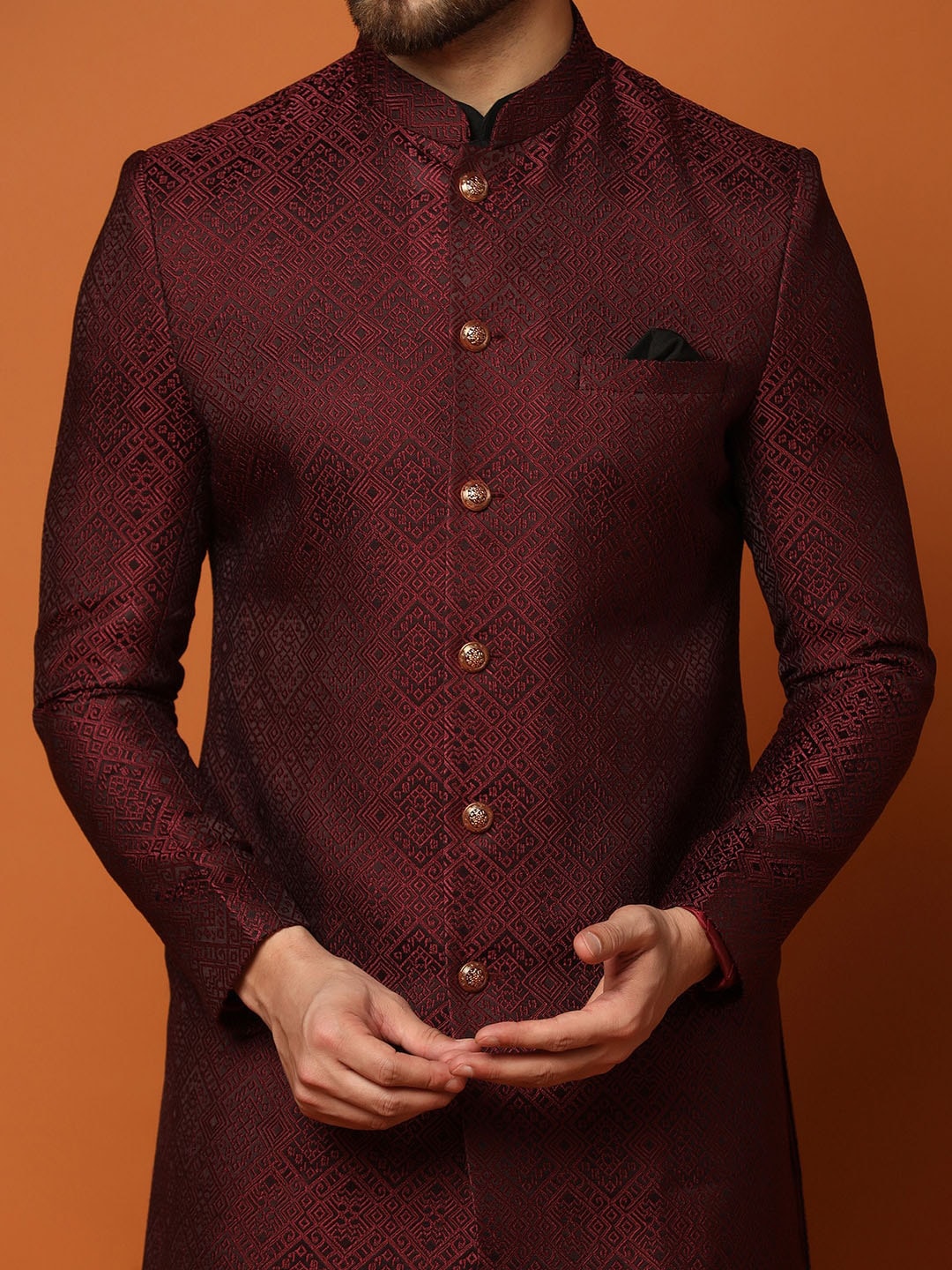 KISAH Printed Mandarin Collar Cotton Sherwani Set - Distacart