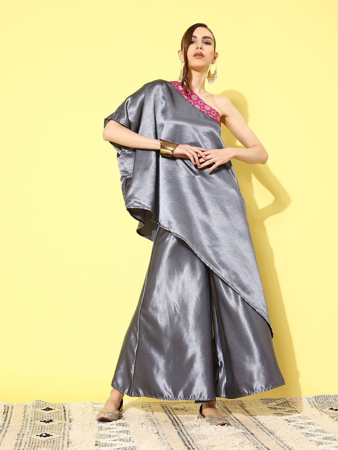 InWeave Women's Grey Pink Brocade Satin Oneshoulder Kurta Set - Distacart