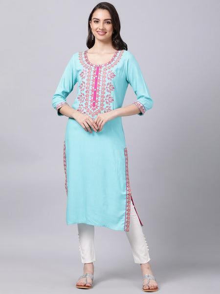 Souchii Women Blue & Pink Embroidered Round Neck Straight Kurta - Distacart