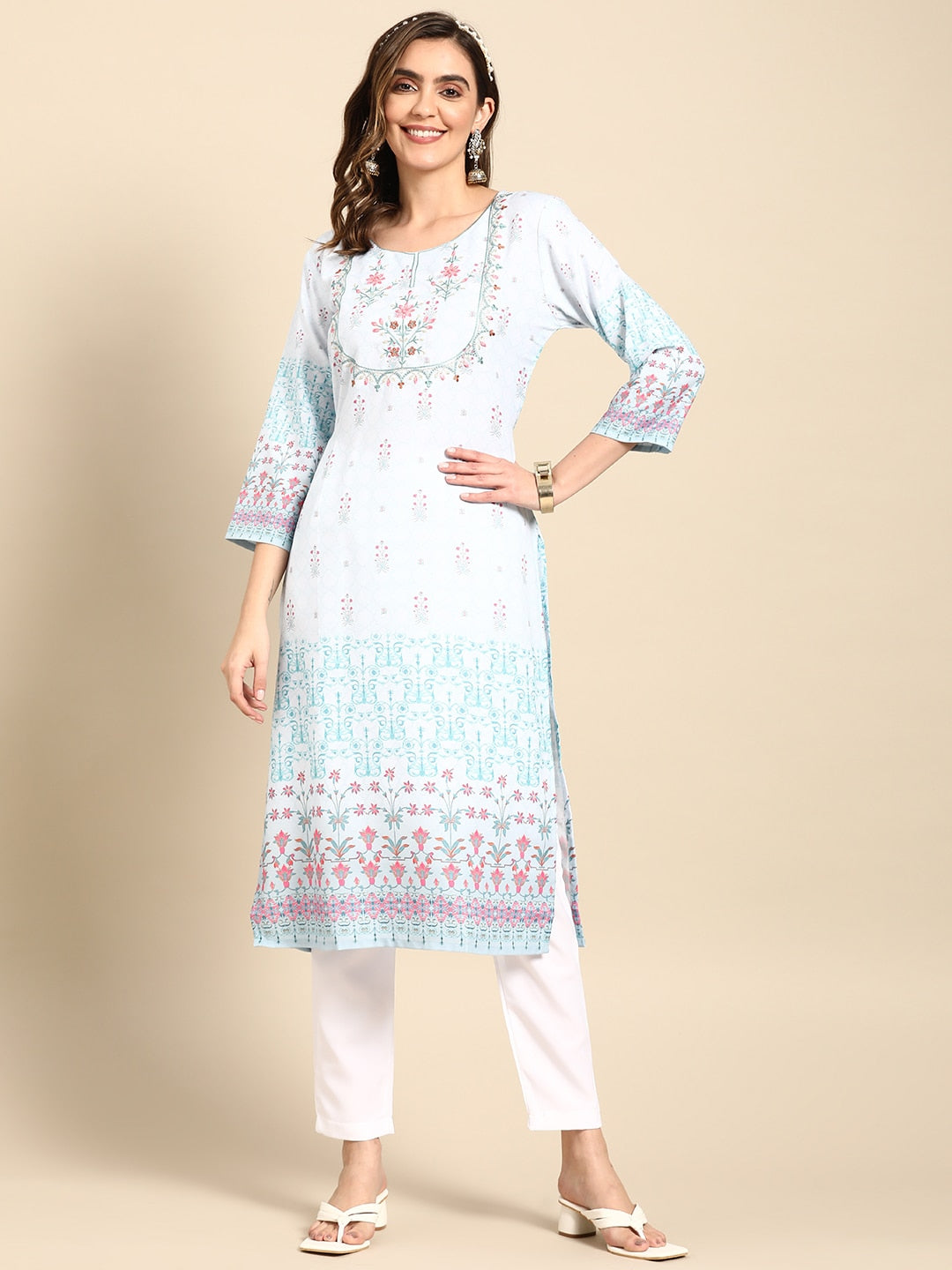 Sangria Women Turquoise Blue Floral Embroidered Kurta - Distacart