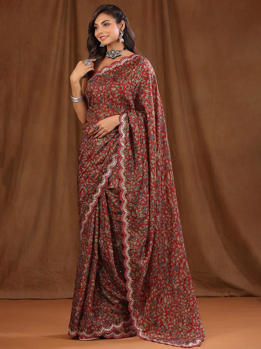 Sangria Maroon Floral Printed Beads And Stones Sarees - Distacart