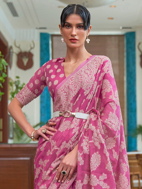 Mitera Pink & White Woven Design Linen Blend Muga Saree - Distacart